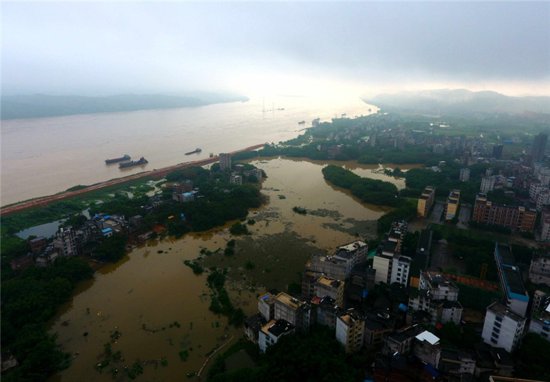 这是7月4日拍摄的水位暴涨的西江广西藤县段,县城沿江低洼处被水淹没。