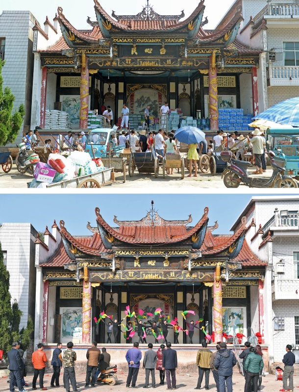 上图：江西鄱阳县古县渡镇张家坽村村民在村里古戏台边领取救灾物资（2016年6月22日摄）；下图：张家坽村村民在古戏台上排练迎新年的舞蹈节目（2017年1月24日摄）（拼版照片）。